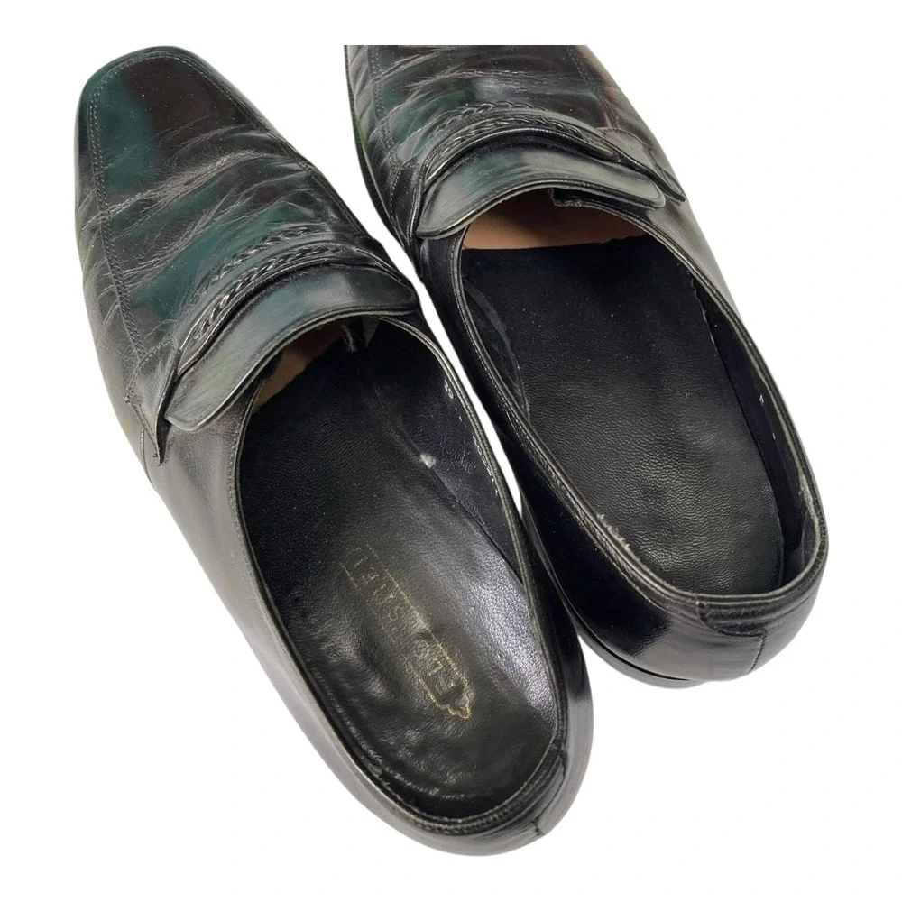 Florsheim 9.5 D Black Leather Loafers Braided Strap Apron Toe Dress Shoes 23258‎